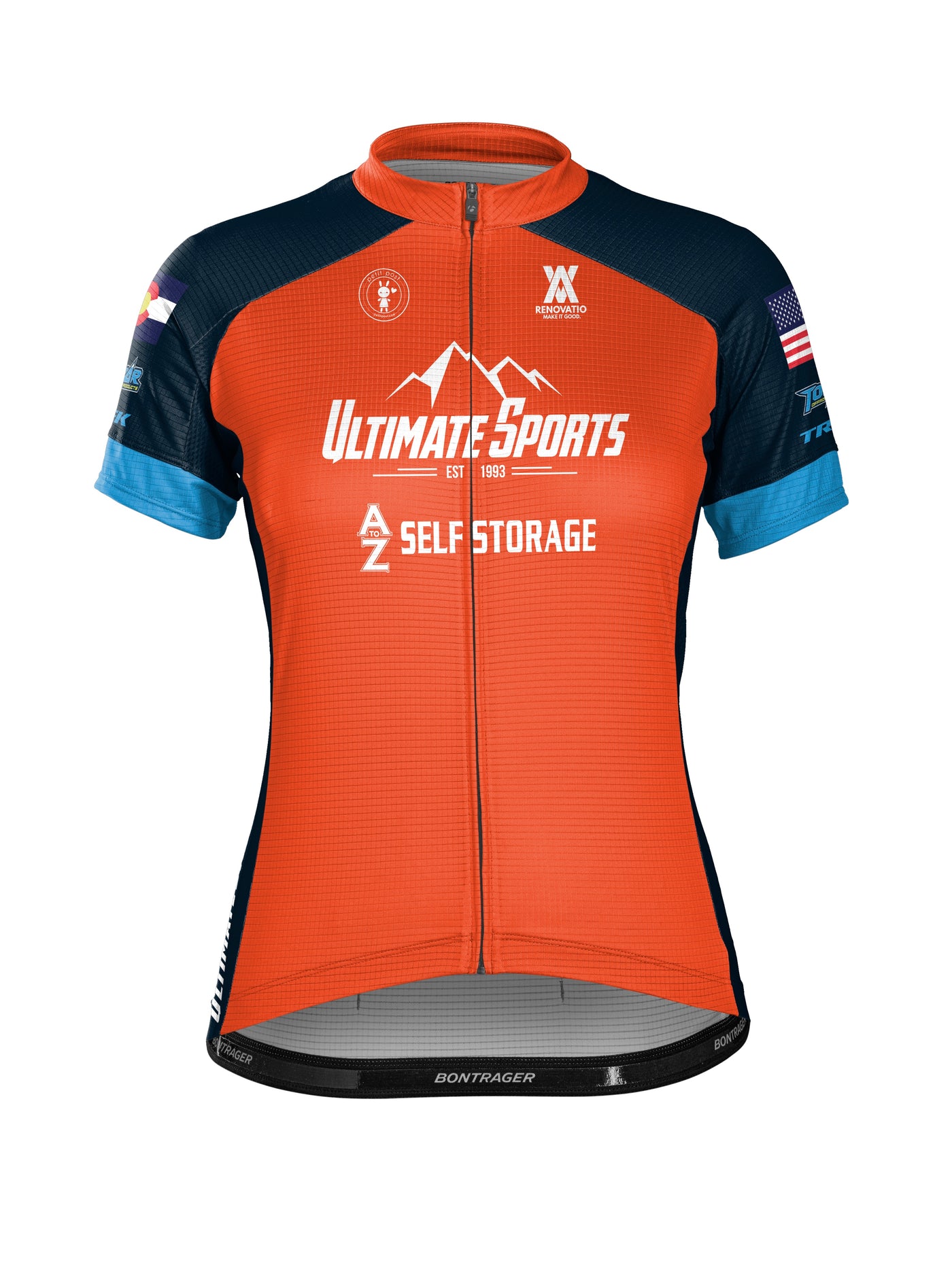 Ultimate Sports Women's Team Cycling Jersey Orange/Blue Full-Zip, Fitted, Short-Sleeve